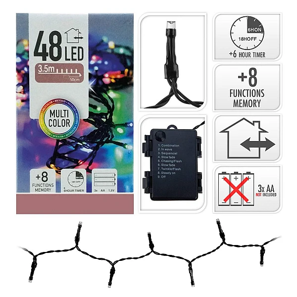 Χριστουγεννιάτικα λαμπάκια LED 48 τεμ. Μπαταρίας Πολύχρωμα με κοντρόλ 8 λειτουργιών 71327 EDM Spain