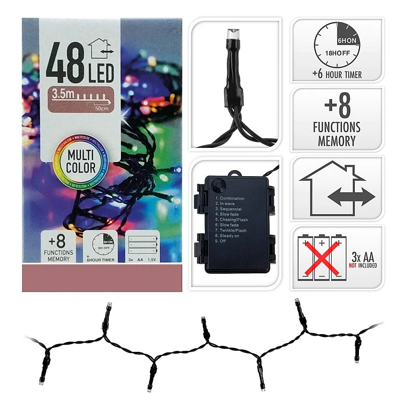 Χριστουγεννιάτικα λαμπάκια LED 48 τεμ. Μπαταρίας Πολύχρωμα με κοντρόλ 8 λειτουργιών 71327 EDM Spain Χριστουγεννιάτικα λαμπάκια LED 48 τεμ. Μπαταρίας Πολύχρωμα με κοντρόλ 8 λειτουργιών 71327 EDM Spain