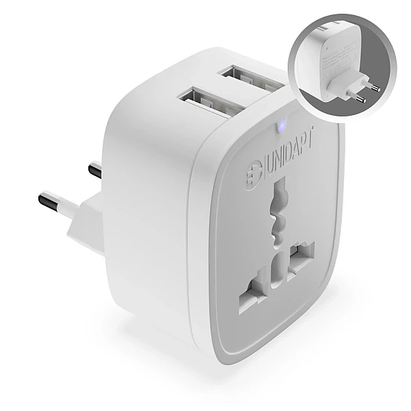 UNIDAPT Ταξιδιωτικός αντάπτορας 10A/250V με 2 θύρες USB  5V/2.1A A-2035