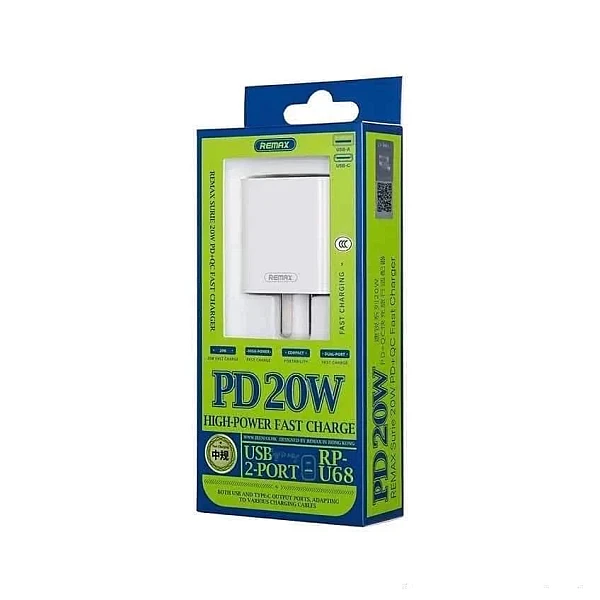 Remax RP-U68 Ταχυφορτιστής για smartphones 20W PD+QC με έξοδο 1XUSB και 1ΧType-C Λευκός Χωρίς Καλώδιο