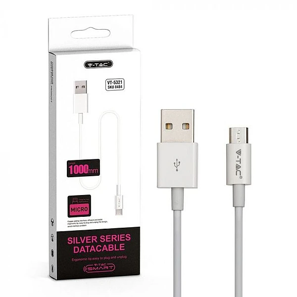 Καλώδιο Φόρτισης και μεταφοράς δεδομένων Silver Series USB Micro 1m λευκό VT-5321 V-TAC 8484