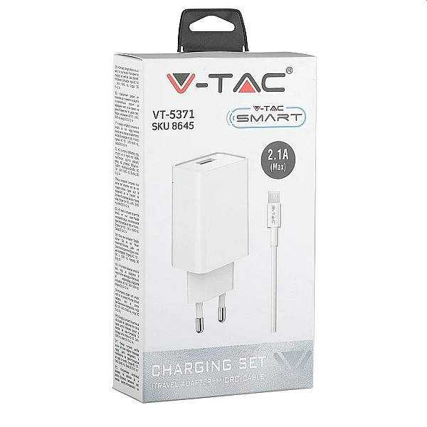 Ταχυφορτιστής για smartphones 5V/2.1A με Micro USB Λευκός VT-5371 V-TAC 8645
