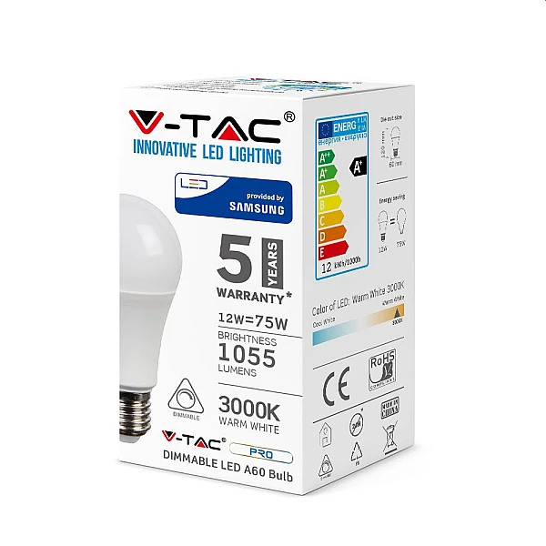 Λαμπτήρας Led SAMSUNG E27 12Watt Φυσικό λευκό 4000Κ Dimmable VT-262D 20184 V-TAC