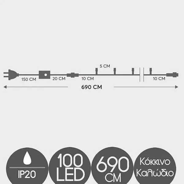 Χριστουγεννιάτικα λαμπάκια  LED 100L με κοντρόλ 8 λειτουργιών κόκκινο καλώδιο σε λευκό LED  600-11057 EUROLAMP
