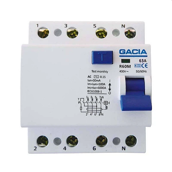Ρελέ Διαφυγής Τριφασικό 4Ρ 63Α 30mA R60M 500-37003 GACIA