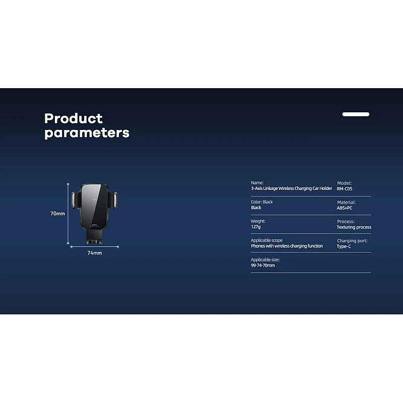 Remax RM-C05 3-Axis Linkage Wireless Charging Car Holder Ασύρματος Φορτιστής για smartphones Βάση στήριξης αυτοκινήτου Remax RM-C05 3-Axis Linkage Wireless Charging Car Holder Ασύρματος Φορτιστής για smartphones Βάση στήριξης αυτοκινήτου