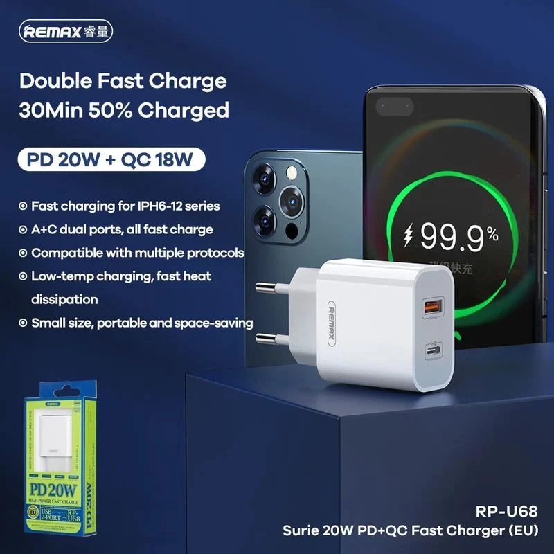 Remax RP-U68 Ταχυφορτιστής για smartphones 20W PD+QC με έξοδο 1XUSB και 1ΧType-C Λευκός Χωρίς Καλώδιο Remax RP-U68 Ταχυφορτιστής για smartphones 20W PD+QC με έξοδο 1XUSB και 1ΧType-C Λευκός Χωρίς Καλώδιο