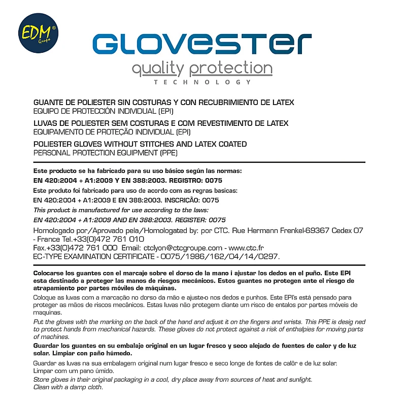Γάντια εργασίας με ύφασμα και παλάμη με επικάλυψη φυσικού ελαστικού (latex) 80207  EDM Spain