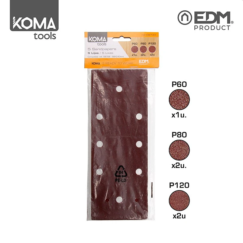 Φύλλα λείανσης για παλμικό τριβείο KOMA tools 08706 5 τμχ 88x240mm EDM Spain 08733 Φύλλα λείανσης για παλμικό τριβείο KOMA tools 08706 5 τμχ 88x240mm EDM Spain 08733