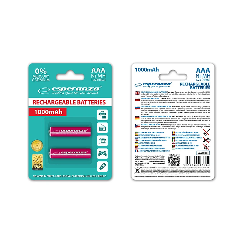 Μπαταρία Επαναφορτιζόμενη AAA 1000mAh Esperanza EZA101R 2 Τεμάχια Μπαταρία Επαναφορτιζόμενη AAA 1000mAh Esperanza EZA101R 2 Τεμάχια