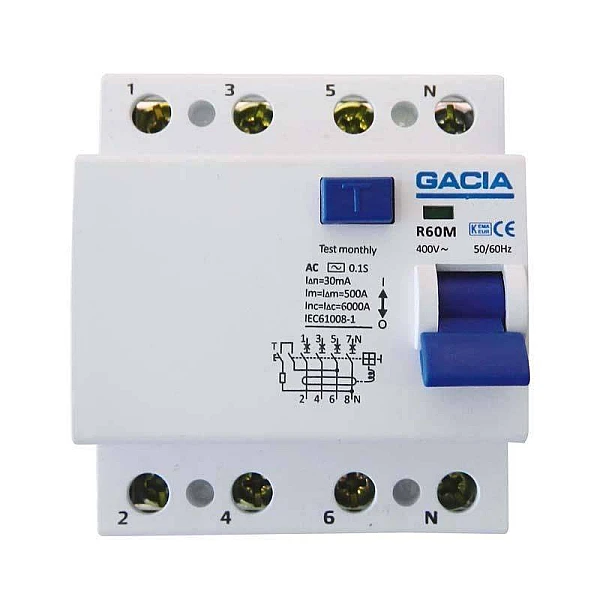 Ρελέ Διαφυγής Τριφασικό 4Ρ 63Α 30mA R60M GACIA 500-37003