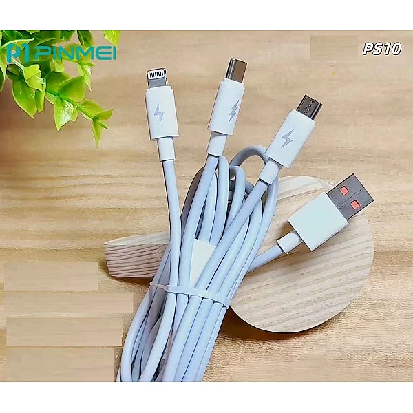 PINMEI PS10 Καλώδιο 3 in 1 Γρήγορης Φόρτισης και Μεταφοράς Δεδομένων 120W σε λευκό χρώμα