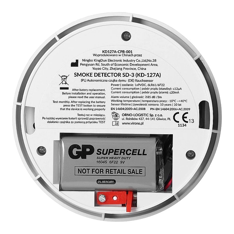 VIRONE Αυτόνομος Ανιχνευτής Καπνού Μπαταρίας 9V SD-3