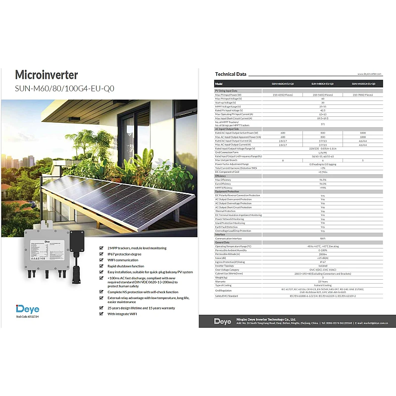 Σετ  Deye Inverter Ισχύος 800W με Τάση Εισόδου 230V (Μονοφασικό) SUN-M80G4-EU-Q0 μαζί με Καλώδιο 5m με BC01 - Σούκο 9432