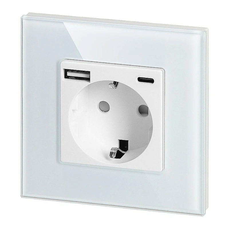  ORNO Πρίζα σούκο με 1 θύρα USB 3A και 1 θύρα Type C λευκή με εφέ γυαλιού OR-AE-13308(GS)/W