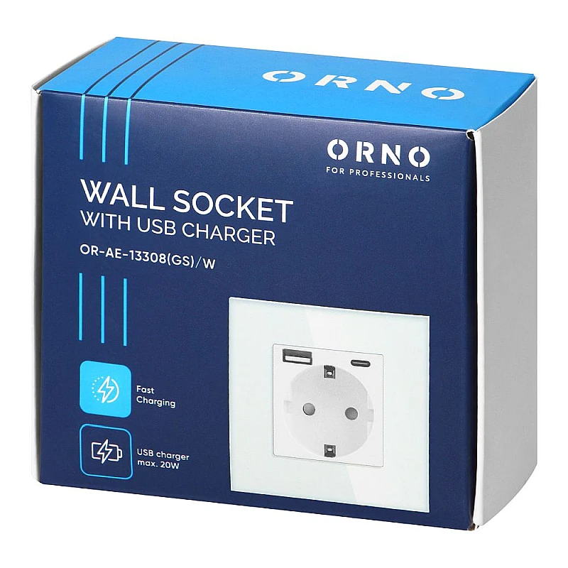  ORNO Πρίζα σούκο με 1 θύρα USB 3A και 1 θύρα Type C λευκή με εφέ γυαλιού OR-AE-13308(GS)/W