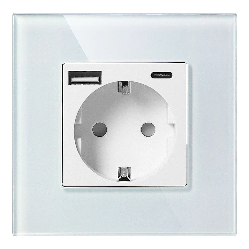  ORNO Πρίζα σούκο με 1 θύρα USB 3A και 1 θύρα Type C λευκή με εφέ γυαλιού OR-AE-13308(GS)/W