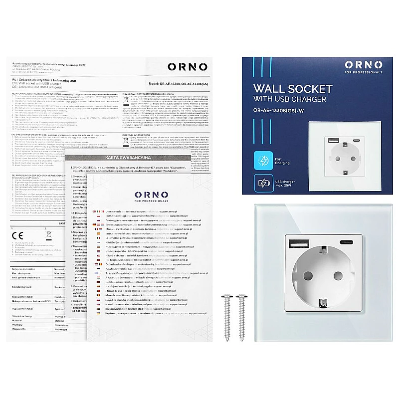  ORNO Πρίζα σούκο με 1 θύρα USB 3A και 1 θύρα Type C λευκή με εφέ γυαλιού OR-AE-13308(GS)/W