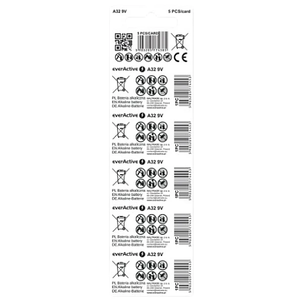 EverActive A32 / 32A Αλκαλικές Μπαταρίες 9V 25mAh 5τμχ 32A5BL