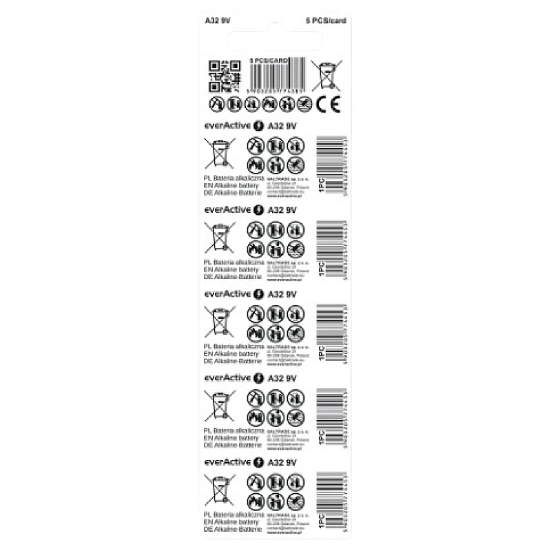 EverActive A32 / 32A Αλκαλικές Μπαταρίες 9V 25mAh 5τμχ 32A5BL